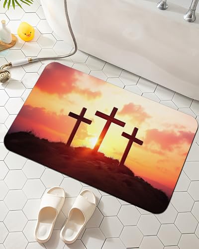 Elightvap Bath Mat Cross Mountain Sunset Bathroom Rug,Soft and Non Slip Bath Rugs,Quick Drying Machine Washable Floor Mat 17 * 29.5 Inches for Shower Room,Bathtub,Kitchen Bathroom - color: Cross Mountain Sunset