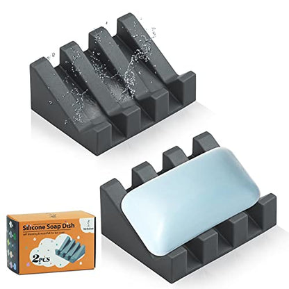 Self Draining Silicone Soap Dish Holder Waterfall Tray, 2 Pack Grey | Waterfall design drains fast to keep soap dry, non-slip silicone base anti slide, soap saver for bathroom & kitchen - color: Grey, size: 2