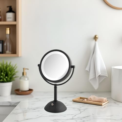 JERDON Lighted Makeup Mirror with 8X Magnification - Black - HL8808BKL | Two-Sided 1X View, 8.5" Round Frame, 16" Tall, LED Lighting - color: Black