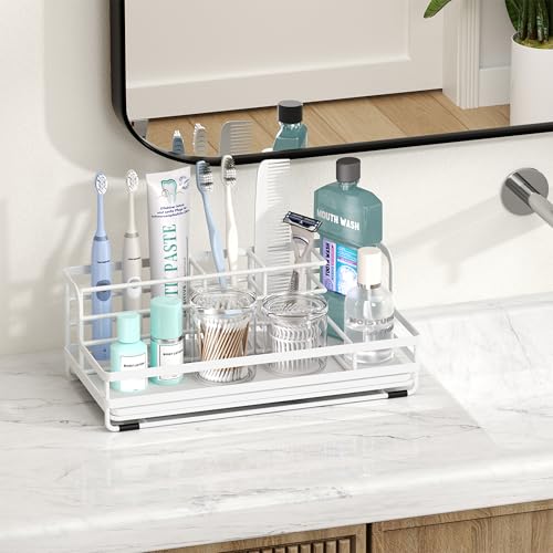 HapiRm Toothbrush Holders for Bathroom - 5 Partitions Bathroom Counter Organizer with Instant Drying Stone, Stainless Steel Countertop Storage Electric Toothbrush Toothpaste Holder - White - color: White
