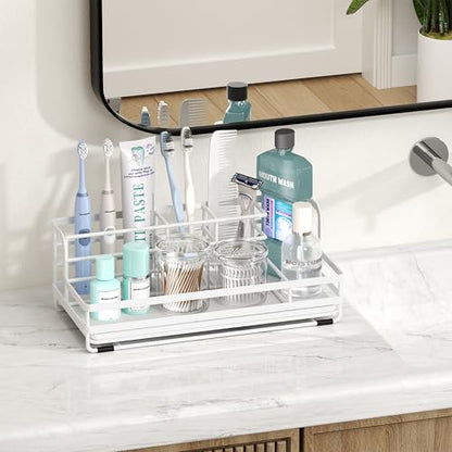 HapiRm Toothbrush Holders for Bathroom - 5 Partitions Bathroom Counter Organizer with Instant Drying Stone, Stainless Steel Countertop Storage Electric Toothbrush Toothpaste Holder - White - color: White