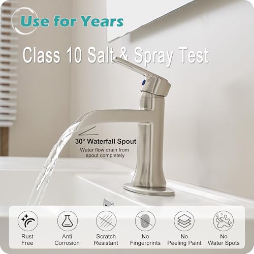 Bathroom Waterfall Faucet Single Handle, Brushed Nickel Faucet Bathroom Brass 1 Hole or 4 Inch 3 Hole Bathroom Sink Faucet, Restroom Faucets for Sink with Drain & Deck Plate for Hotel Apartment - color: Brushed Nickel - Modern