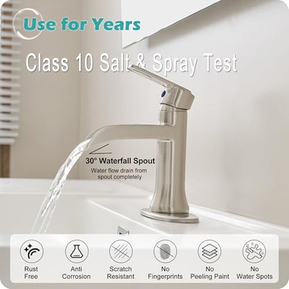 Bathroom Waterfall Faucet Single Handle, Brushed Nickel Faucet Bathroom Brass 1 Hole or 4 Inch 3 Hole Bathroom Sink Faucet, Restroom Faucets for Sink with Drain & Deck Plate for Hotel Apartment - color: Brushed Nickel - Modern