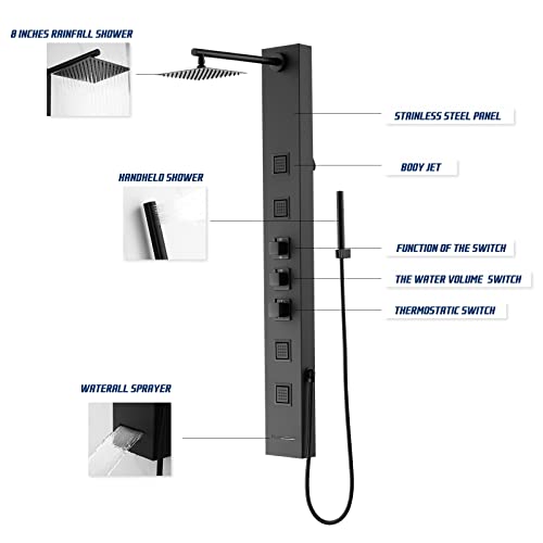 Achelous Square Rainfall Shower Head Panel System with Thermostatic,Stainless Steel High Pressure Turbo Body Jets Waterfall Shower Tower,Brass Handheld Wand in Matte Black - style: Square