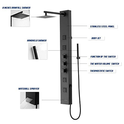 Achelous Square Rainfall Shower Head Panel System with Thermostatic,Stainless Steel High Pressure Turbo Body Jets Waterfall Shower Tower,Brass Handheld Wand in Matte Black - style: Square