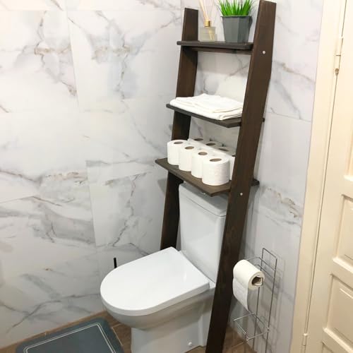 Over The Toilet Birch Wood Bathroom Organizer Shelves, 3-Tier Freestanding Above Toilet Storage Ladder Shelf, Standing Space Saver Behind Toilet Small Bathroom Organizer (Walnut) - color: Walnut