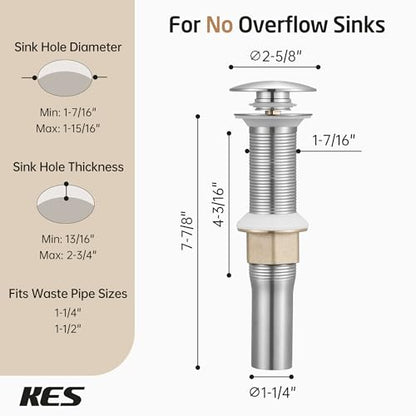 KES Bathroom Sink Drain with Strainer Basket Hair Catcher Anti Clog Pop Up Drain Stopper Vanity Vessel Sink Without Overflow, Brushed Nickel All Metal Rustproof 304 Stainless Steel, S2013D-BN - color: Brushed Nickel, style: for NO overflow sink,1-pack