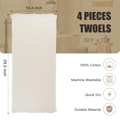 Boho Bathroom Decor Hand Towel 4 Pack 100% Turkish Cotton 14 x 30 Inch Boho Kitchen Hand Towel Guest Tea Gift (Beige) - color: Cream White