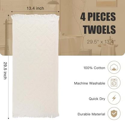 Boho Bathroom Decor Hand Towel 4 Pack 100% Turkish Cotton 14 x 30 Inch Boho Kitchen Hand Towel Guest Tea Gift (Beige) - color: Cream White