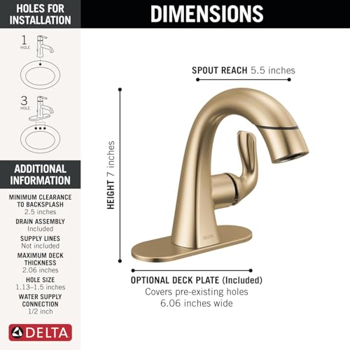 Delta Arvo 1 Hole Brushed Gold Bathroom Faucet with Sprayer, Single Hole Bathroom Sink Faucet with Pull Out Sprayer for Vanity, Push-Pop Drain, Champagne Bronze 15840LF-CZPD - color: Champagne Bronze