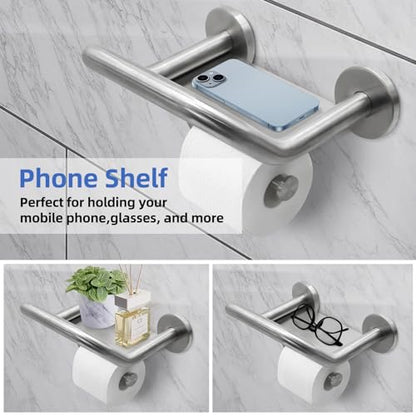 Grab Bar Toilet Paper Holder, 3-in-1 Bathroom Grab Bar with Toilet Holder and Phone Shelf, 304 Stainless Steel Safety Toilet Paper Grab Bar, Wall Mount Toilet Paper Holder for Seniors - size: 8.9 inch wide