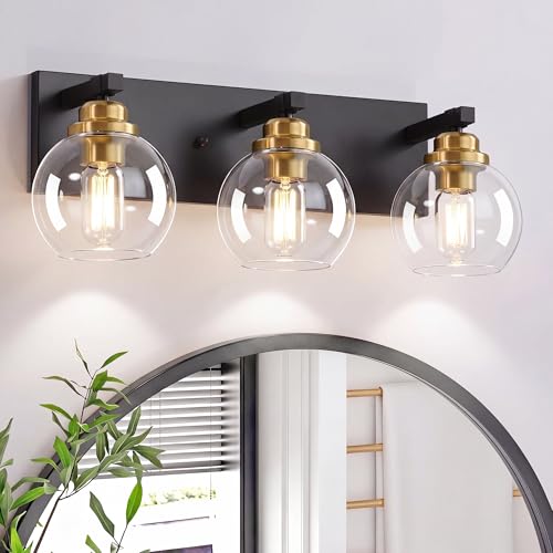 3-Light Bathroom Vanity Light Fixture Over Mirror, Bathroom Light Fixutre Matte Black & Gold Finish with Globle Clear Glass E26 Base Bulbs Not Included for Bathroom, Hallway, Bedroom, Living room - color: Black & Gold, size: 3 Lights