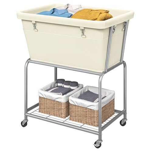 ELYKEN Rolling Laundry Hamper with Wheels, Removable Bag, Laundry Cart | 32-Gallon (122L), 2-Tier Clothes Basket with Shelf, Metal Frame, Ideal for Closet, Bedroom, Bathroom & Laundry Room, Cream - color: Cream, size: 27.4"L x 19.9"W x 30.9"H