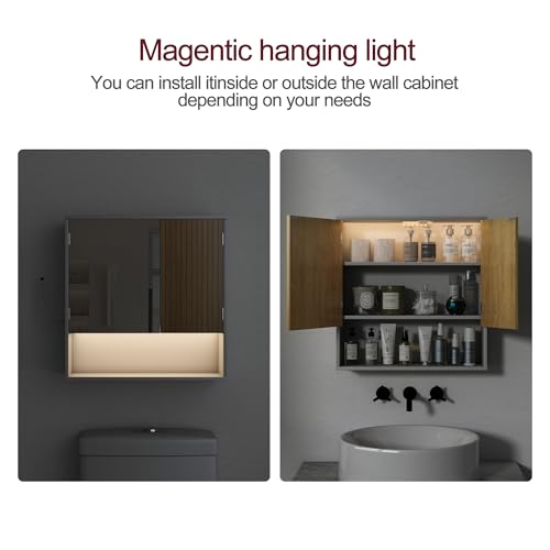 Bathroom Cabinet with Mirror & LED, Wall Mounted Bathroom Cabinet,Side Hook | Magnetic mirror Door,Detachable magnetic Light ,Adjustable Shelves,Side Hook,Open Bottom Shelf,Wood Grain,Over Toilet Mount - color: White&wood
