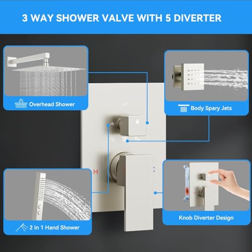 Brushed Nickel Shower System with Body Jets, STARBATH 12 Inch Rainfall Shower and Handheld Spray, Wall Mounted Full Body Shower System Rough-in Mixer Pressure Balance Valve Shower Faucet Set Complete - color: Brushed Nickel, size: 12 Inch