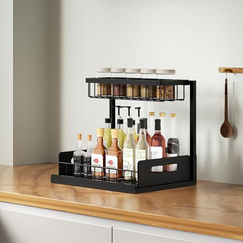 Under Sink Organizer and Storage, Slide Out Cabinet Organizer, Pull Out Sink Shelf for Kitchen Bathroom Laundry, 2 Pack Black