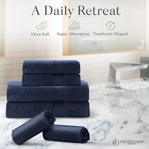 Premium Staple Cotton Bathroom Towel Set - Navy 600 GSM 6-Piece Luxury Bath Towel Set 1 Stripe - 2 Bath Towels, 2 Hand Towels & 2 Washclothes Set - High Absorbent & Quick Dry for Gym, Spa, Hotel - color: Navy - 1 Stripe