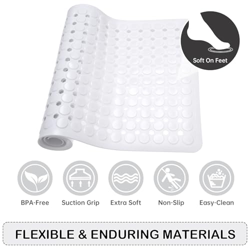 Non-Slip Bathtub and Shower Mats, Power Grip Bath Mat 35 x 16.3 Inch with Suction Cups and Drain Holes for Tub Bathroom Floor Safety, Machine Washable Soft Bathmat, White - color: White