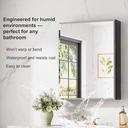 24x30 Inch Medicine Cabinet with Beveled Mirror, Aluminum Medicine Cabinet | Double Side Mirror Door, Adjustable Glass Shelves, Surface or Recessed Mount Bathroom Mirrors with Storage, Black - size: 24 in. x 30 in.