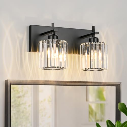 Black Crystal Bathroom Vanity Lights, Modern 2-Lights Bathroom Lighting Fixtures Over Mirror, Crystal Wall Lighting with Round Shade - color: Black-Round Shade, size: 2-Light