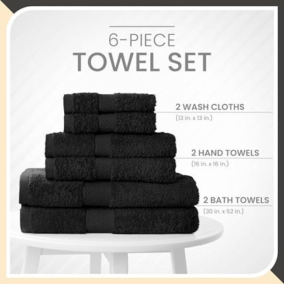 Martex 6-Piece 100% Ringspun Cotton Towel Set, Black | Quick Dry, Super Absorbent & Soft, Lightweight, 2 Bath, 2 Hand, 2 Wash Cloths - color: Black