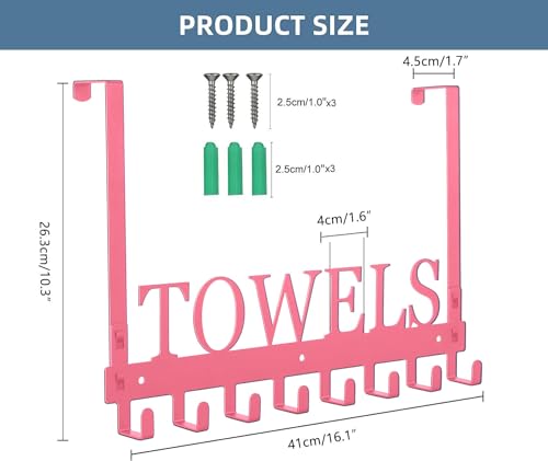 Azmoncy Over The Door Hooks - Wall Mount Towel Hanger with 8 Hooks for Bedroom Bathroom Pool Kitchen Towels, Bag, Coats - Pink - color: Pink