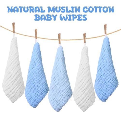 20 Pcs Baby Muslin Washcloth 12 x 12 Inch 100% Cotton Soft and Absorbent Muslin Washcloth Burp Cloth Wipe Newborn Face Towel for Baby Boy Girl Sensitive Skin(White, Light Blue, Blue) - color: White, Light Blue, Blue