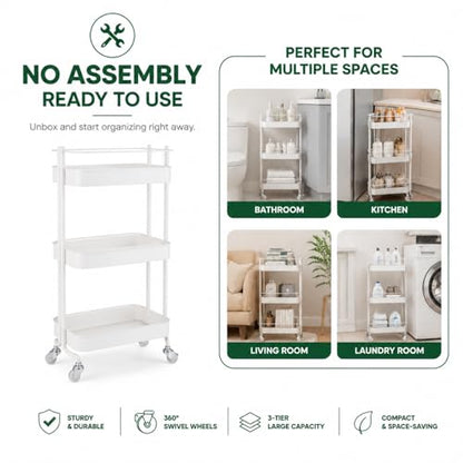 Rolling Storage Cart, 3 Tier Bathroom Organizer Mobile Shelving Unit, Metal Utility Cart Tower Rack for Kitchen Laundry Narrow Places(Fully Assembled Furniture, White) - color: White