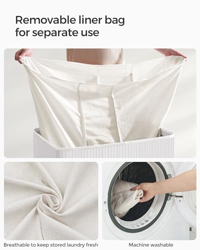 SONGMICS Laundry Hamper, 39.6 Gallons (150L), 3-Section Laundry Basket, Laundry Hamper with Lid, Bamboo, Foldable, Removable and Machine Washable Liner, for Laundry Room, Bedroom, White ULCB091W01 | Foldable Laundry Basket, Removable and Machine Washable