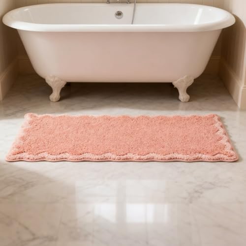 ORTIGIA Cute Coral Pink Scalloped Bath Mat, Fun Plush Microfiber Scallop Bathroom Rugs Non Slip Washable Quick Dry Absorbent, Bath Rug Carpet for Shower Stall Vanities Kitchen Floor Entrance, 17x47 - color: Coral Pink, size: 1'5" x 3'11" (Rectangular)