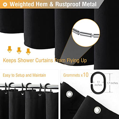 Stall Fabric Shower Curtain, 54x78 Inch Long Linen Textured Heavy Duty Cloth Shower Curtain Set with 10 Plastic Hook, Narrow Hotel Spa Weighted Bath Curtains for Bathroom, Machine Washable, Black | Narrow Long Size, 230GSM Polyester, Heavy Duty Cloth, Wei