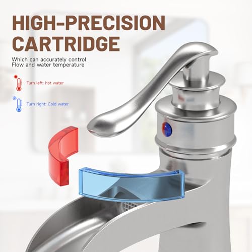 Brushed Nickel Waterfall Bathroom Faucet Single Handle 1 Hole | with Pop Up Drain Assembly & Water Supply Hose,Lead-Free Solid Brass,Farmhouse Faucet for Sink 1-3 Hole,Deck Mount - color: Brushed Nickel