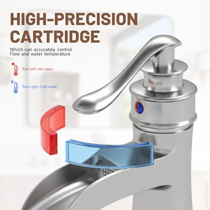 Brushed Nickel Waterfall Bathroom Faucet Single Handle 1 Hole | with Pop Up Drain Assembly & Water Supply Hose,Lead-Free Solid Brass,Farmhouse Faucet for Sink 1-3 Hole,Deck Mount - color: Brushed Nickel