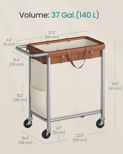 SONGMICS Laundry Basket with Wheels, 2-Section, 37.0 Gallons (140 L) | Rolling Laundry Hamper, Removable Liner, Steel Frame with Handle, 27.2 x 15.4 x 31.9 Inches, STEVIE Collection URLS004KQ02 - color: Coffee Brown + Cream White, size: 140 L (2-Section)