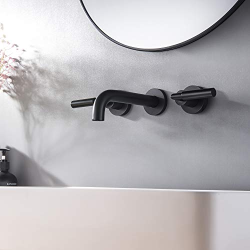 RBROHANT Matte Black Wall Mount Bathroom Faucet, Wall Mounted Sink Faucet, Dual Handle, Solid Brass, Rough-in Valve Included - color: Matte Black, style: Lever Handle