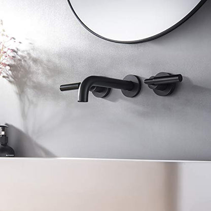RBROHANT Matte Black Wall Mount Bathroom Faucet, Wall Mounted Sink Faucet, Dual Handle, Solid Brass, Rough-in Valve Included - color: Matte Black, style: Lever Handle