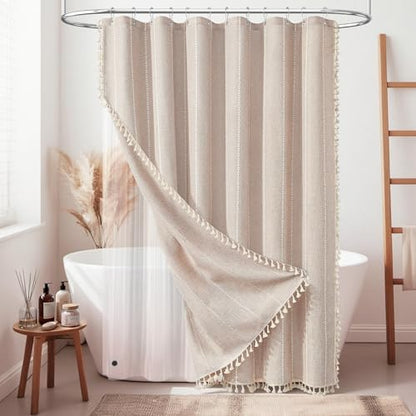 BTTN 3 in 1 Shower Curtain with Liner, 90 Inch Extra Long Boho Linen Striped Cloth Shower Curtain Set with Hook, Tall Rustic Hotel Luxury Waterproof Fabric Shower Curtain for Bathroom, Taupe, 72x90 - color: Taupe With Liner, size: 72"W x 90"L (Pack of 1)