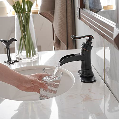 BWE Oil Rubbed Bronze Waterfall Bathroom Faucet, Solid Brass, 1.2 GPM | Waterfall Spout, Ceramic Cartridge, California-Compliant, Fits 1 or 3-Hole Sinks, Handware Included, Single Handle - color: Bronze