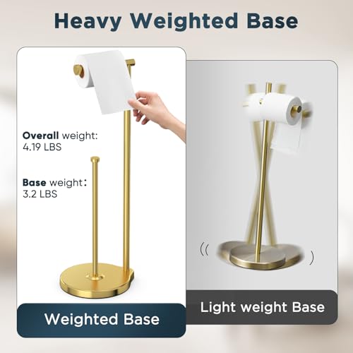 theaoo Heavy-Duty Toilet Paper Holder Stand, Bathroom Storage, Gold | Freestanding Toilet Tissue Paper Roll Holder with Reserve Storage. Stainless Steel Stand For Bathroom, Holds Extra Rolls - color: Brushed Gold