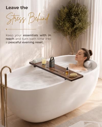 Acacia Wood Bathtub Caddy Tray 34.6" Adjustable Bath Tray for Tub | Bathtub Tray With Non-Slip Grip, Water-Resistant Wood & Stable Expandable Design Keeps Bath Essentials Secure & Within Reach - color: Walnut