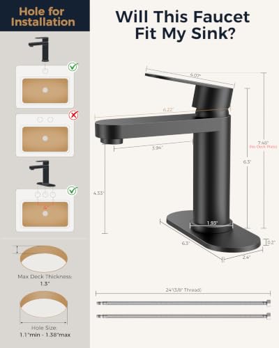 FORIOUS Bathroom Faucet 1 Hole, Single Handle Vanity Faucet Matte Black | Black Bathroom Sink Faucet with Deck Plate, Fits 1 Hole and 4-Inch 3 Hole Install, for RV Vanity Lavatory Restroom Camper - color: Matte Black