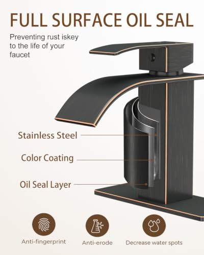 Waterfall Single Handle Bathroom Sink Faucet Oil Rubbed Bronze | Vanity Faucet with Pop-up Drain, llaves para lavamanos de baño, Ceramic Valve, for 1 or 3 Hole Modern Bathrooms. - color: Oil Rubbed Bronze
