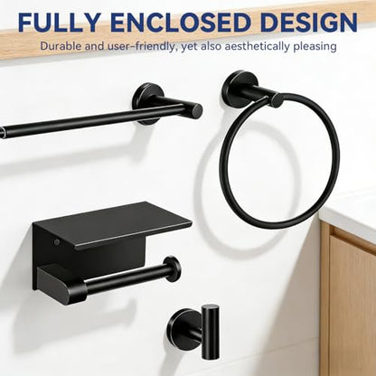 5Pcs Bathroom Hardware Set, Matte Black Bathroom Accessories Set with 24" Towel Bar, Upgraded Toilet Paper Holder with Shelf, Towel Ring & 2 Robe Hooks, Wall Mounted Stainless Steel Bath Hardware Set