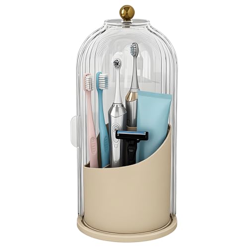 JEESA Dustproof Toothbrush Holder with Cover, Beige | 360° Rotating, 180° Sliding Lid, 3 Slots, Toothbrush Organizer, for Bathroom Countertop - color: Beige