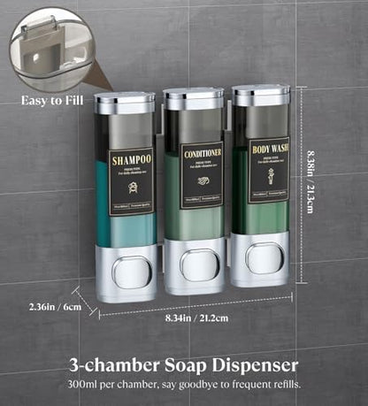 Luxspire Shampoo and Conditioner Dispenser, Shower Soap Dispenser 3-Chamber | Lockable Large Capacity 900ml No-Drill Wall-Mounted Shampoo and Body Wash Dispenser for Bathroom Hotel Kitchen Airbnb - color: Silver, size: 3 Chamber