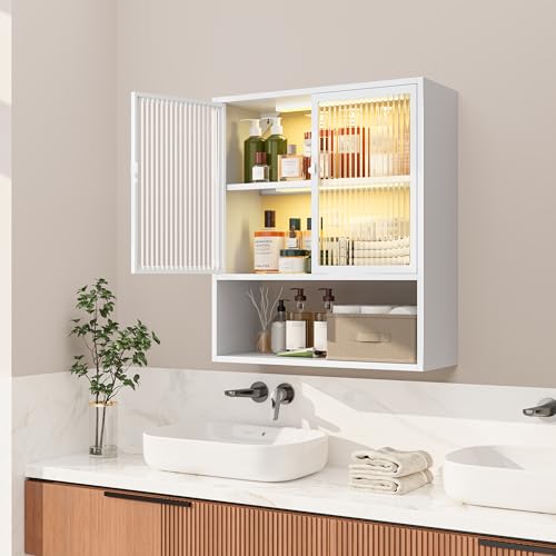 Bathroom Medicine Cabinet with Glass Doors & Sensor LED Lights, Over Toilet Bathroom Organizer, Space-Saving Wall-Mounted Storage for Living Room, Kitchen, Laundry Room (23.6" W x 27.6" H) - color: White, style: Classic