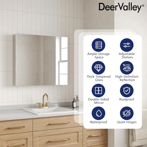DeerValley 26'' x 30'' Medicine Cabinet with Mirror, Bathroom Mirror with Storage, Surface Frameless Modern Wall Mount Mirrored Medicine Cabinets with Adjustable Shelf DV-1MC0363 - size: 26" x 30"