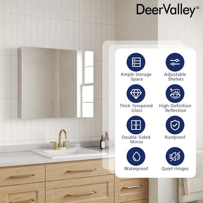 DeerValley 26'' x 30'' Medicine Cabinet with Mirror, Bathroom Mirror with Storage, Surface Frameless Modern Wall Mount Mirrored Medicine Cabinets with Adjustable Shelf DV-1MC0363 - size: 26" x 30"