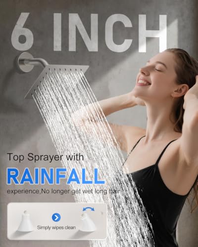 Woindo 4 Function Shower Faucet Set 12" Rain Shower Head/6'' Side Shower Head and 3 Setting Handheld Ceiling Mount Push Button Diverter Complete Rainfall Round Shower System Included Valve Trim Kit - color: Brushed Nickel, style: 4-Function-Ceiling