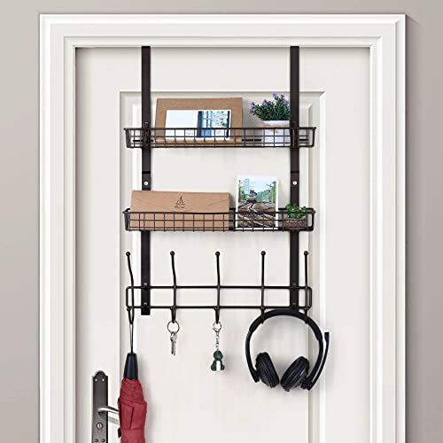 OYEAL Over The Door Hook Rack with 5 Hooks 2 Baskets Steel, Sturdy Durable Coat Rack Towel Hooks Hanging Organizer Shelves for Home Bedroom Bathroom Kitchen, Brown - color: Brown